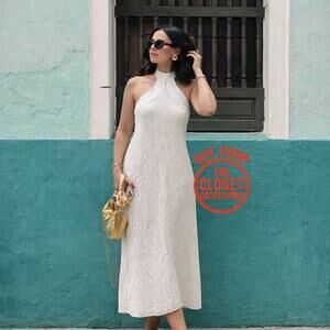 ZARA Halter Midi Dress NWT | Oyster White Open Back Textured M